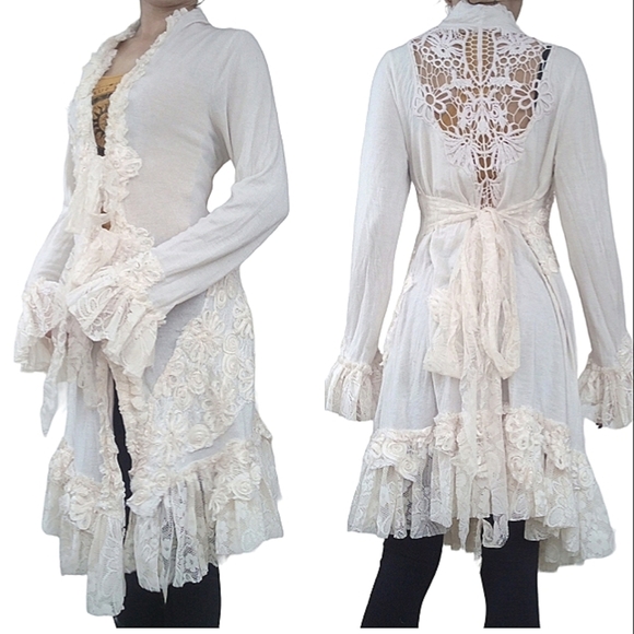 Vintage Sweaters - Vintage cream lace embroidered victorian ruffle boho crochet cardigan dress​​